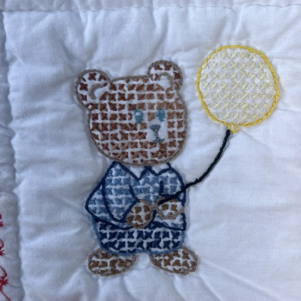 VTG 1970s Handmade Cross Stitch Teddy Bear Red Gingham Baby Crib Quilt 31x39